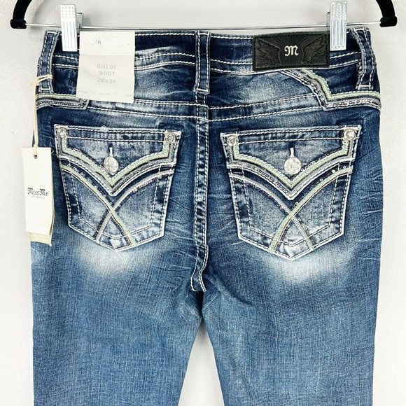 Miss Me Chloe Women's Blue Denim Bootcut Jeans Embellished Flap Pockets Size 30
